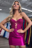 Sparkly Strapless Beaded Appliques Fuchsia Homecoming Dress PD548-Pgmdress