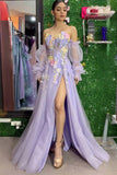 Strapless 3D Floral Lavender Prom Dress with Detachable Sleeves PSK668-Pgmdress