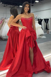 Strapless A-Line Satin Long Corset Red Prom Dress with Bow PSK656