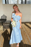 Strapless Bow Mermaid Light Blue Long Bridesmaid Dress BD148-Pgmdress