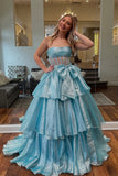 Strapless Organza Slit Blue Long Prom Dress with Bow PSK651