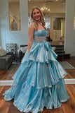 Strapless Organza Slit Blue Long Prom Dress with Bow PSK651-Pgmdress