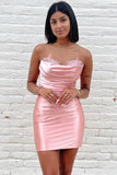 Robe de soirée courte en satin rose sans bretelles avec décolleté en cœur PD521