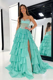 Strapless Sheer Corset Bodice Green Prom Dress Ruffle Skirt PSK688-Pgmdress