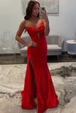 Strapless V-Neck Bow Satin Pleated Slit Red Long Prom Dress PSK675-Pgmdress