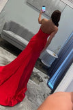 Strapless V-Neck Bow Satin Pleated Slit Red Long Prom Dress PSK675-Pgmdress