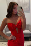 Strapless V-Neck Bow Satin Pleated Slit Red Long Prom Dress PSK675-Pgmdress