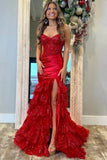 Strapless V-Neck Mermaid Pleated Layered Red Long Prom Dress PSK653