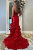 Strapless V-Neck Mermaid Pleated Layered Red Long Prom Dress PSK653-Pgmdress