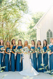 Straps Satin Split Blue Long Bridesmaid Dress with Bow BD146-Pgmdress