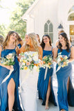 Straps Satin Split Blue Long Bridesmaid Dress with Bow BD146-Pgmdress