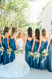 Straps Satin Split Blue Long Bridesmaid Dress with Bow BD146-Pgmdress