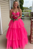 Straps Layered Tulle Hot Pink Long Prom Dress Party Dress PSK627