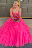 Straps V-Neck Layered Tulle Hot Pink Long Prom Dress Party Dress PSK627-Pgmdress