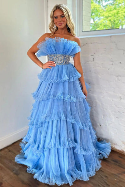 Off the Shoulder Strapless Flower A-Line Tulle Blue Prom Dress PSK474 –  Pgmdress