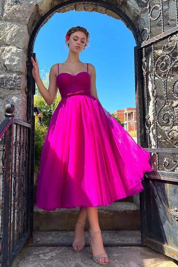 Sweetheart Tea Length Hot Pink Prom Dress Simple Prom Dress PSK565 –  Pgmdress