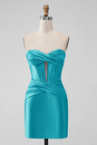 Tight Strapless Keyhole Satin Turquoise Homecoming Dress  PD535-Pgmdress