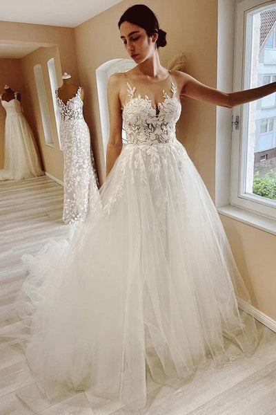 Gorgeous A-line Lace V-neck Tulle Long Wedding Dress with Appliques,MW289