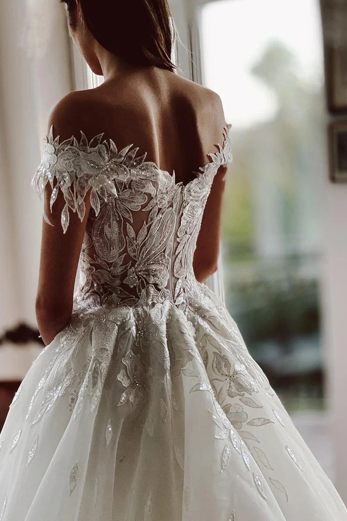 Unique Off The Shoulder Appliques Rustic Lace Wedding Dress WD683 – Pgmdress