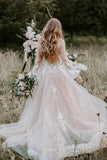 V Neck Long Sleeve Wedding Dress Rustic Wedding Gown WD725-Pgmdress