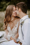 V Neck Long Sleeve Wedding Dress Rustic Wedding Gown WD725-Pgmdress