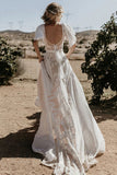 V Neckline Backless Lace Chiffon Bohemian Wedding Dress WD734-Pgmdress