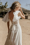 V Neckline Backless Lace Chiffon Bohemian Wedding Dress WD734-Pgmdress