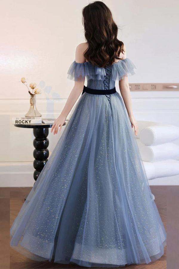 pgmdress Blue Tulle Lace Off-The-Shoulder High-Low Tiered Prom Dress PSK397 US6 / As Picture