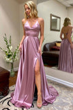 A-Line V-Neck Black Long Prom Dress Split Evening Dress With Pockets PSK399