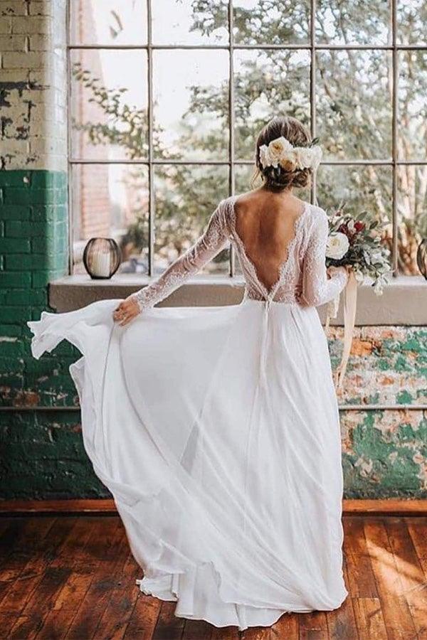 A Line Boho Lace Long Sleeves Open Back Rustic Wedding Dresses WD580 –  Pgmdress