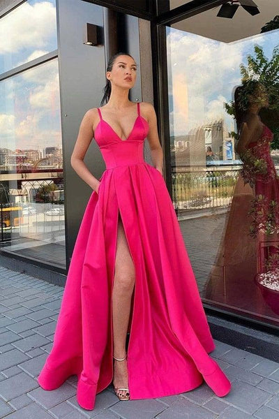 A Line V Neck Gray Red Pink Satin Split Prom Formal Dresses Pgmdress