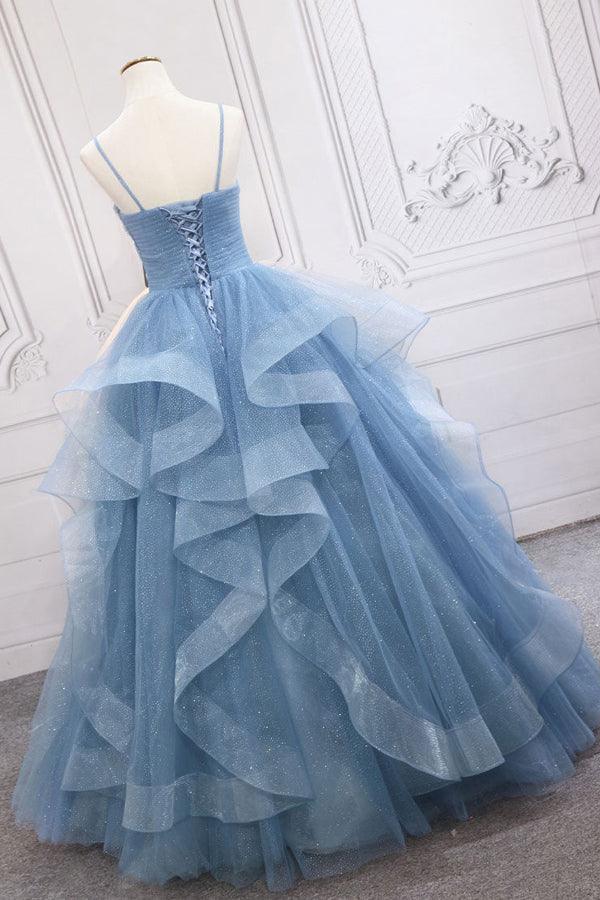 Simple blue tulle sequin long prom dress, blue tulle formal dress