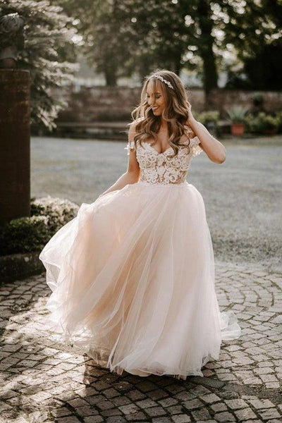 Off the shoulder champagne hotsell wedding dress