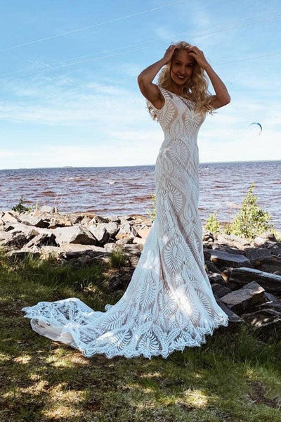 Boho High Neckline Long Sleeves Lace Wedding Dresses Rustic Wedding WD594