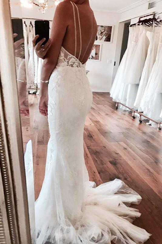 Mermaid/Trumpet Deep V-neck Lace Boho Wedding Dress Bridal Gown WD524