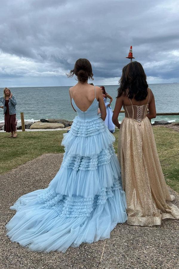 Elegant Tulle Ball Gown V Neck Side Split Layered Long Prom Dress