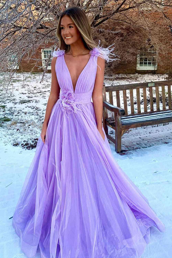 V Neck Backless Purple Tulle Prom Dresses with Belt, Backless