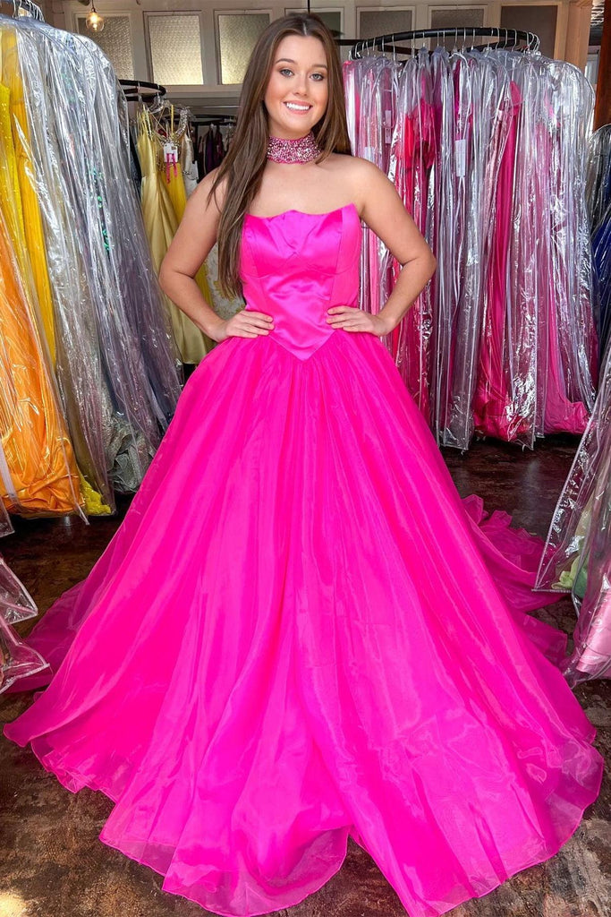 A Line V Neck Hot Pink Tulle Prom Dresses Formal Dresses PSK170