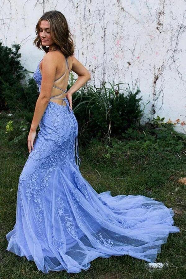 Mermaid Backless Blue Lace Long Prom Dresses Formal Dresses PSK424 –  Pgmdress