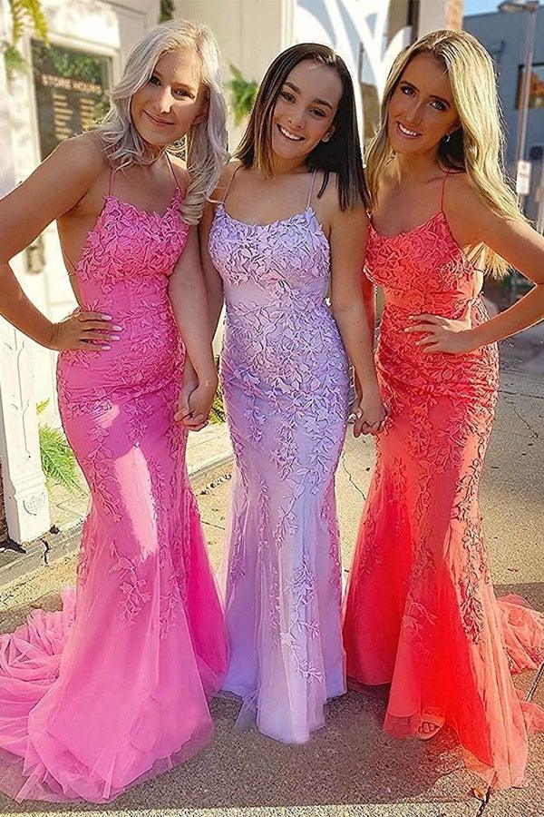 A-line V Neck Spaghetti Straps Open Back Blush Lace Long Prom Dresses –  Pgmdress