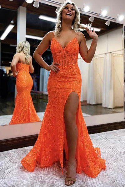 Glitter Mermaid Orange Sequins V Neck Sexy Prom Dress, Spaghetti Straps  Party Dress – trendtydresses