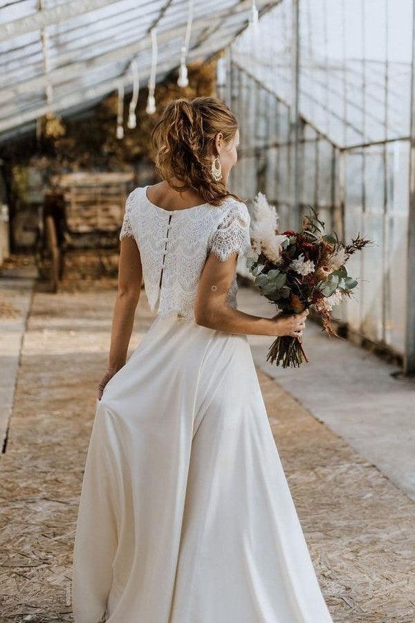 Fabulous White Two Piece Off Shoulder Chiffon Lace Wedding Dress With Slit,  SW172 – Simidress