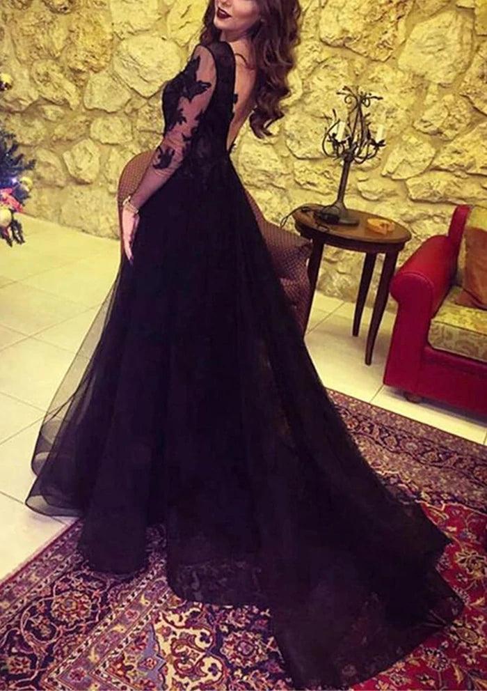 Slit Glamorous Lace Black Long-Sleeve Evening Dress Prom Dress PG431