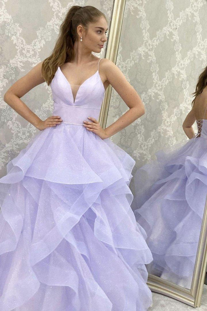 Lilac Tulle A-line V-neck Prom Dress With Appliques SP883