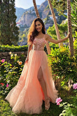 A-line Tulle Floral Lace Pink Tulle Prom Dress Split Evening Dress PSK279