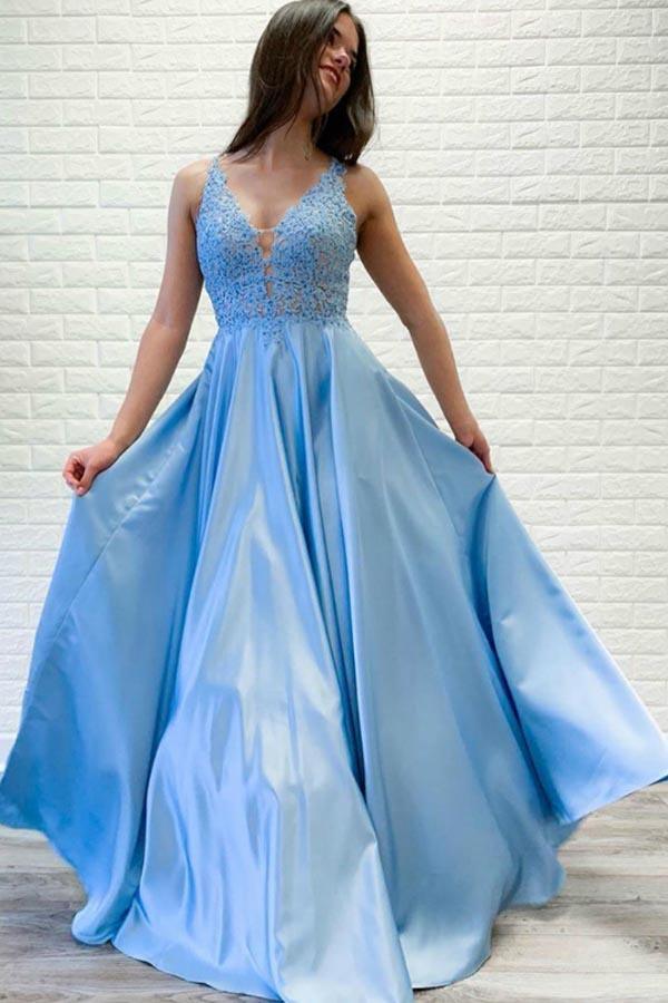 New Style Light Blue Strapless Long Prom Dress with Lace Appliques