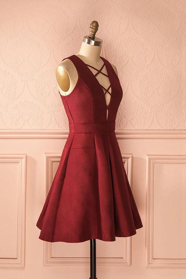 A-Line Deep V-Neck Sleeveless Lace-up Burgundy Satin Homecoming Dress PD386