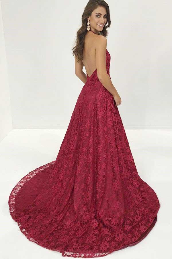 Red Halter Neck Fitted Lace Prom Dress JVN63391