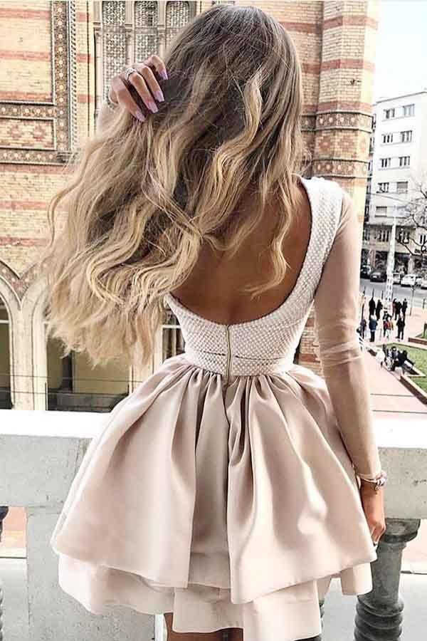 A-Line High Neck Long sleeves Homecoming Dress with Appliques Sleeves –  Pgmdress