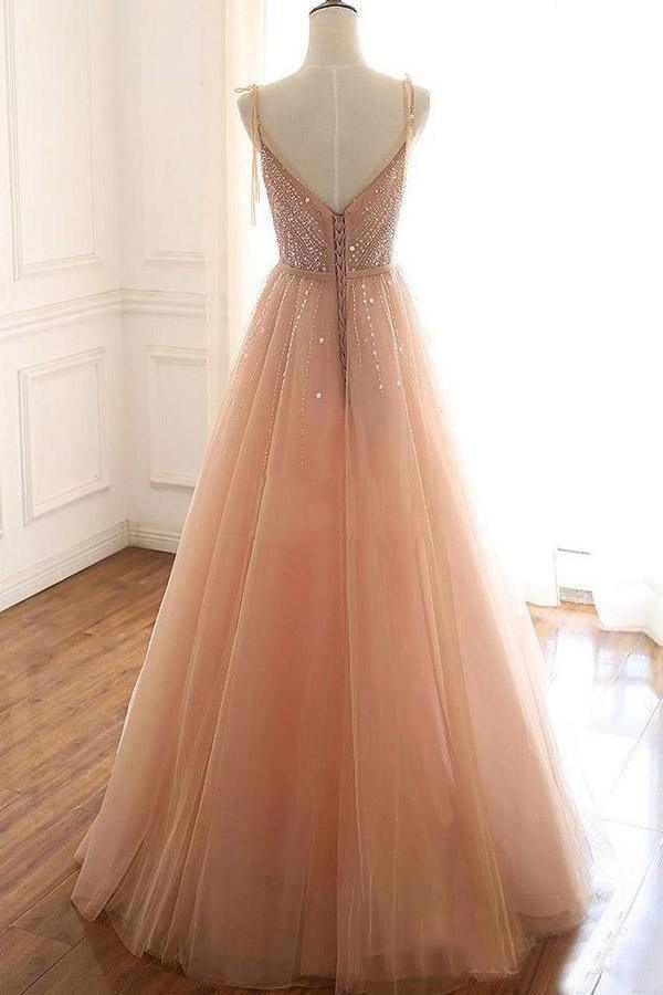 Champagne Tulle Spaghetti Strap Long Prom Dress, Shiny Tulle Evening Party Dress US 16 / Picture Color